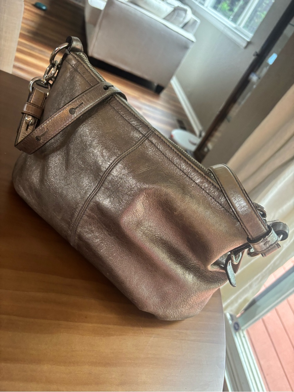 Coach Women's Metallic Bronze Leather Shoulder Bag Crossbody Adjustable Strap